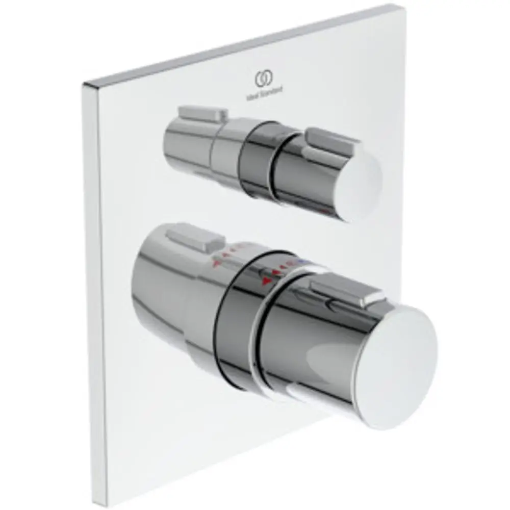 Einzelthermostat von Ideal Standard mit zwei Bedienknöpfen auf einer quadratischen Wandplatte in Chromoptik. Die Oberflächen sind glänzend und modern gestaltet.